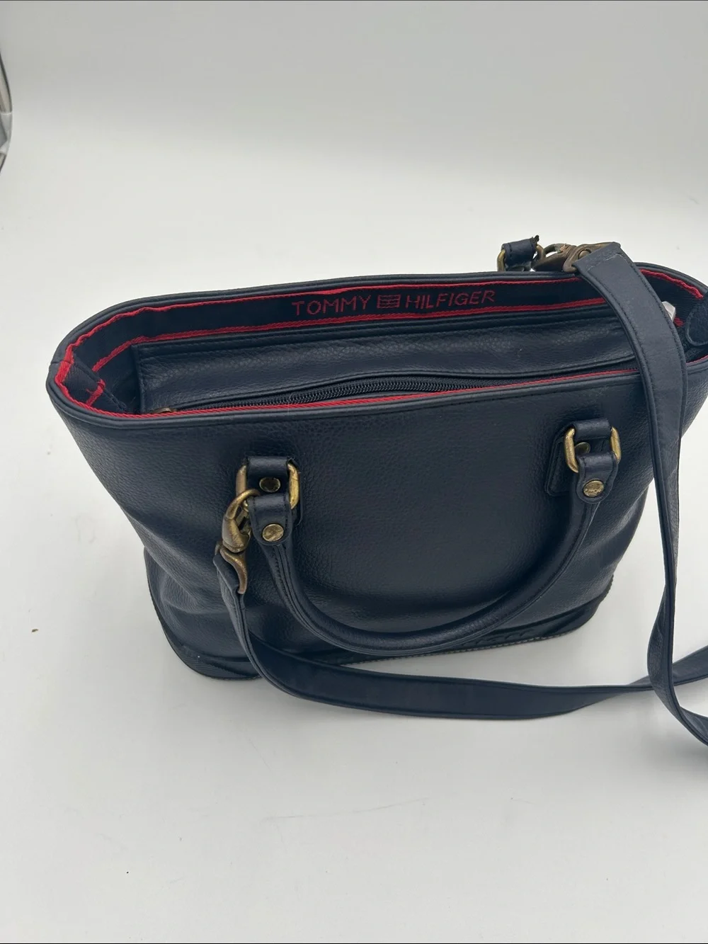 Y2K Tommy Hilfiger Navy Pebbled Leather Tote Bag Detachable Crossbody Strap